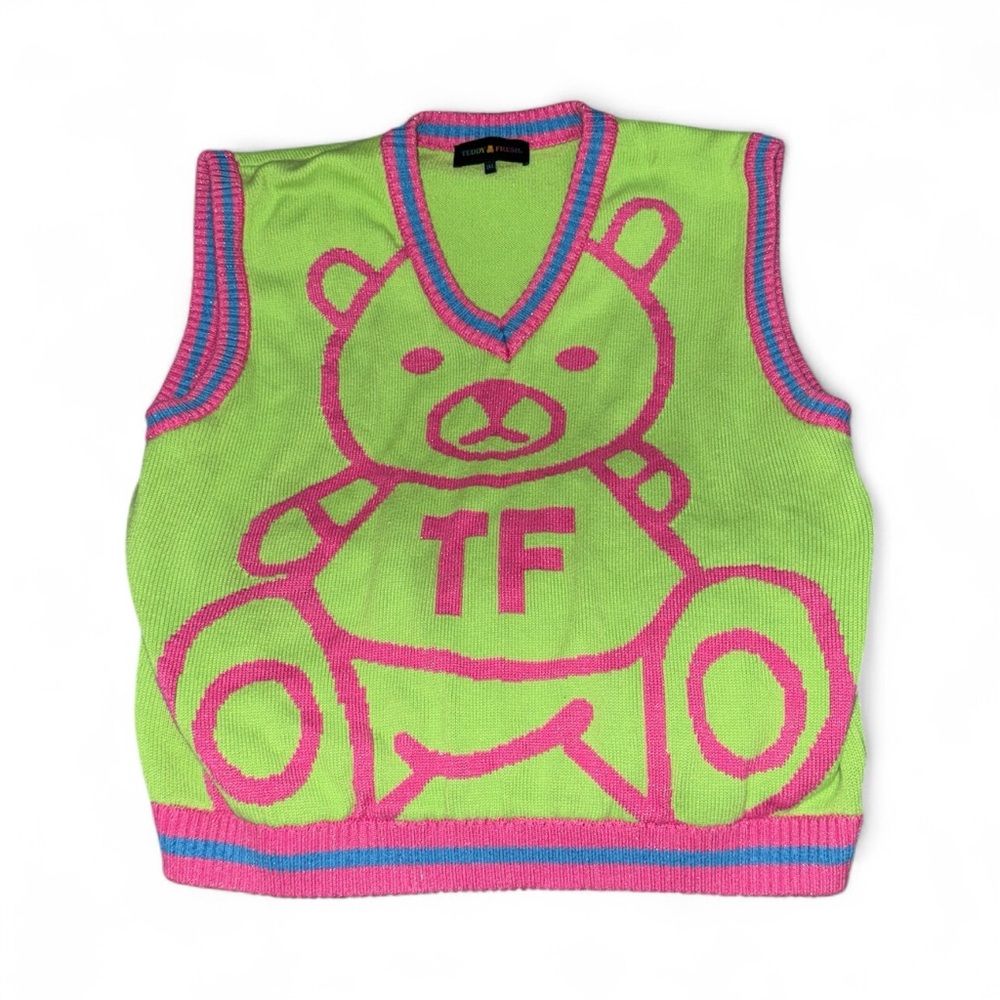 Teddy Fresh Sweater Vest Bright Green/Pink Womens Size 2X Teddy Bear